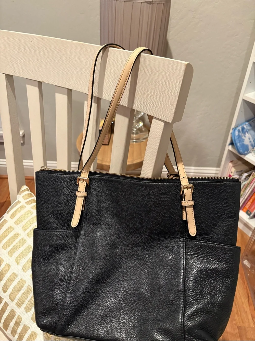 Michael Kors Black Leather Tote with Tan Straps and Gold MK Charm